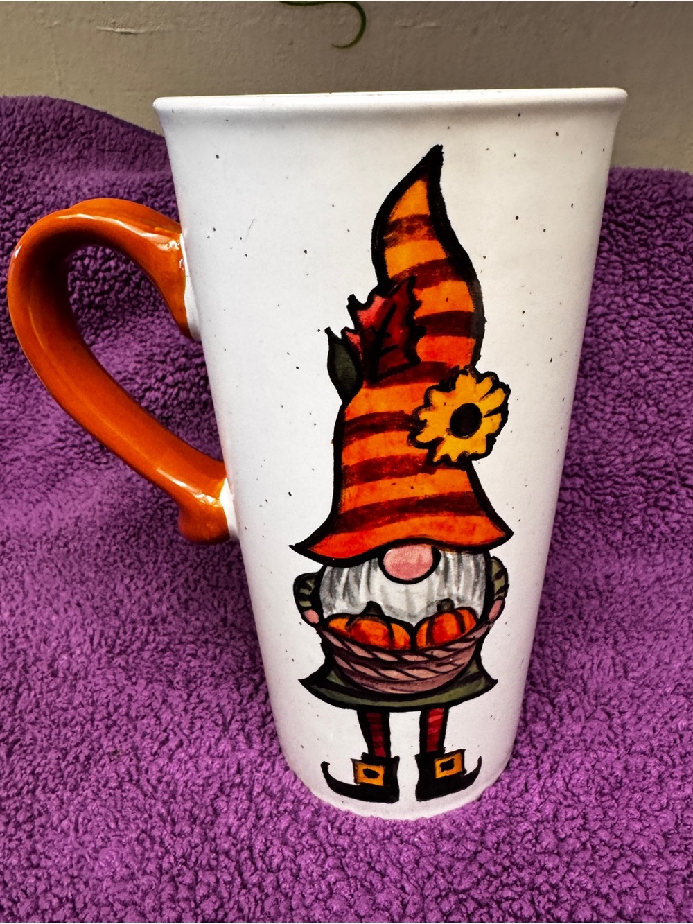 Sheffield Home White Tall Mug with Orange Handle and Autumn Gnome Design